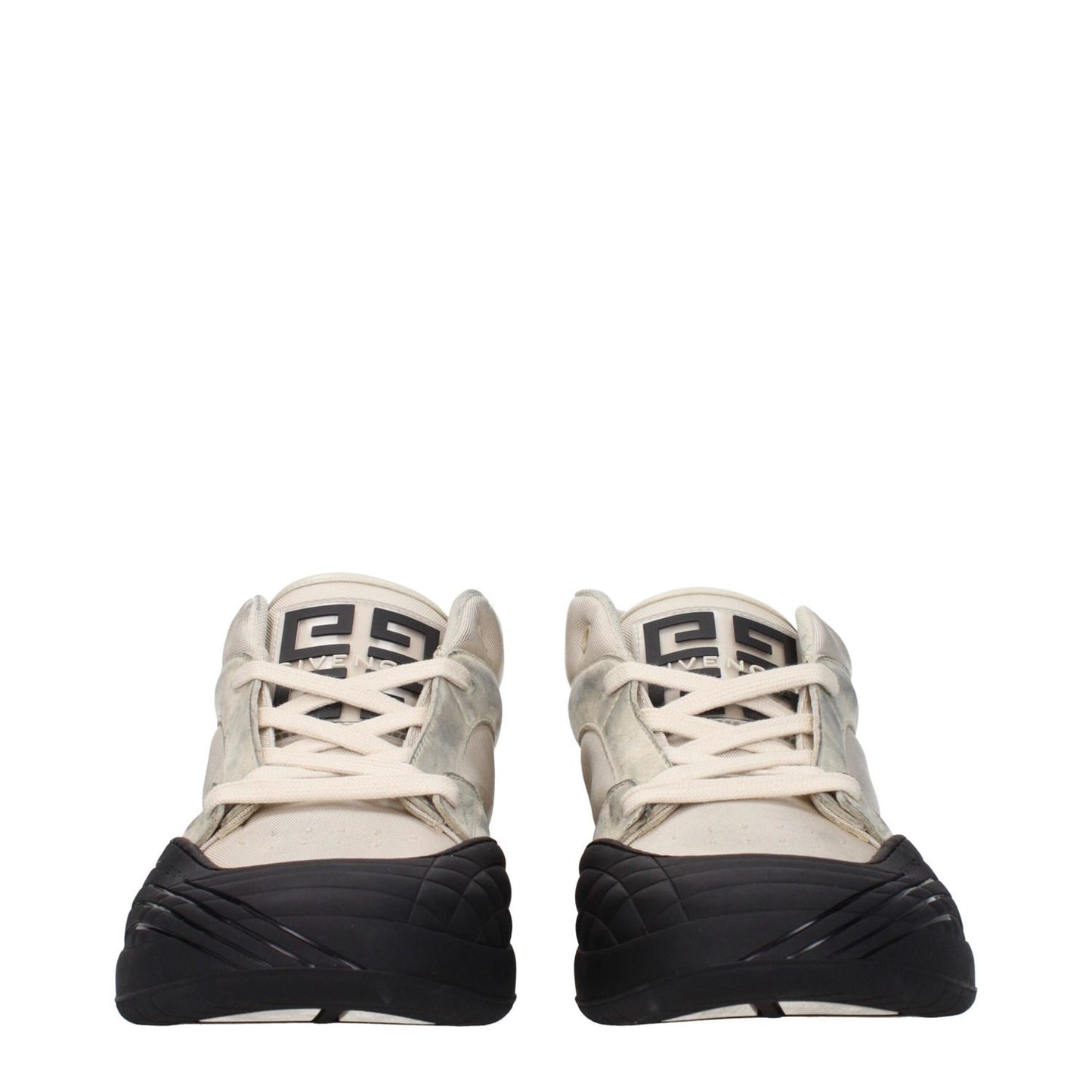 Front view of Givenchy Beige Fabric Chunky Sneakers with vintage effect, lace-up closure, and black rubber soles.