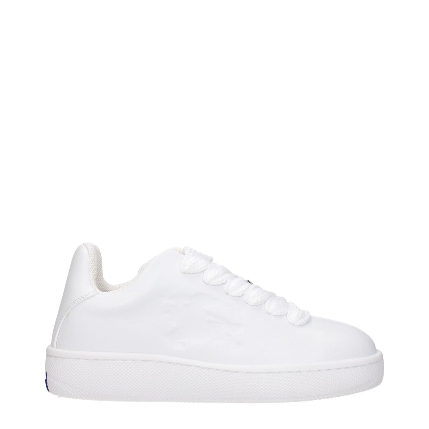 Burberry White Leather Low Top Sneakers with lace-up closure, round toe, rubber sole, and side logo for a sporty glam look.