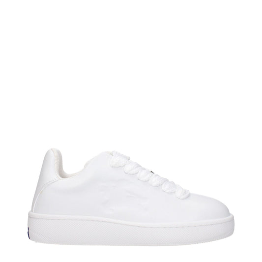 Burberry White Leather Low Top Sneakers with lace-up closure, round toe, rubber sole, and side logo for a sporty glam look.