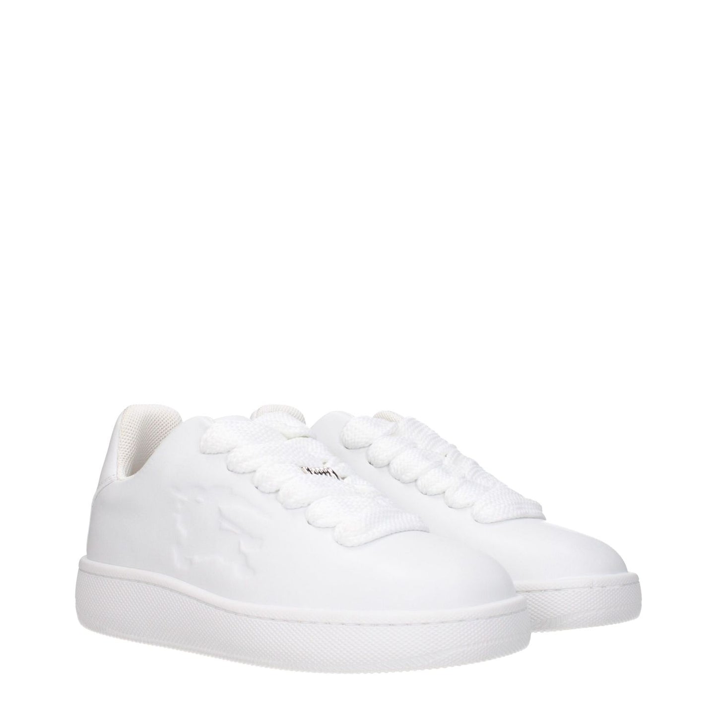 Burberry White Leather Low Top Sneakers with lace-up closure and side logo, featuring a rubber sole and round toe design.