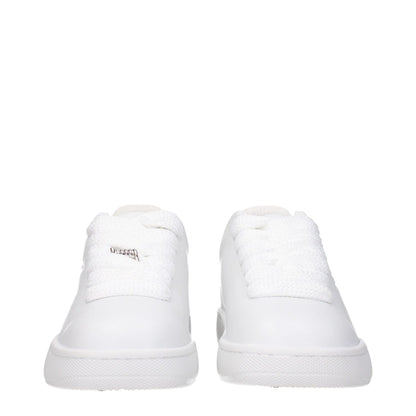 Front view of Burberry White Leather Low Top Sneakers with lace-up closure and rubber sole, featuring side logo, sporty glam style.
