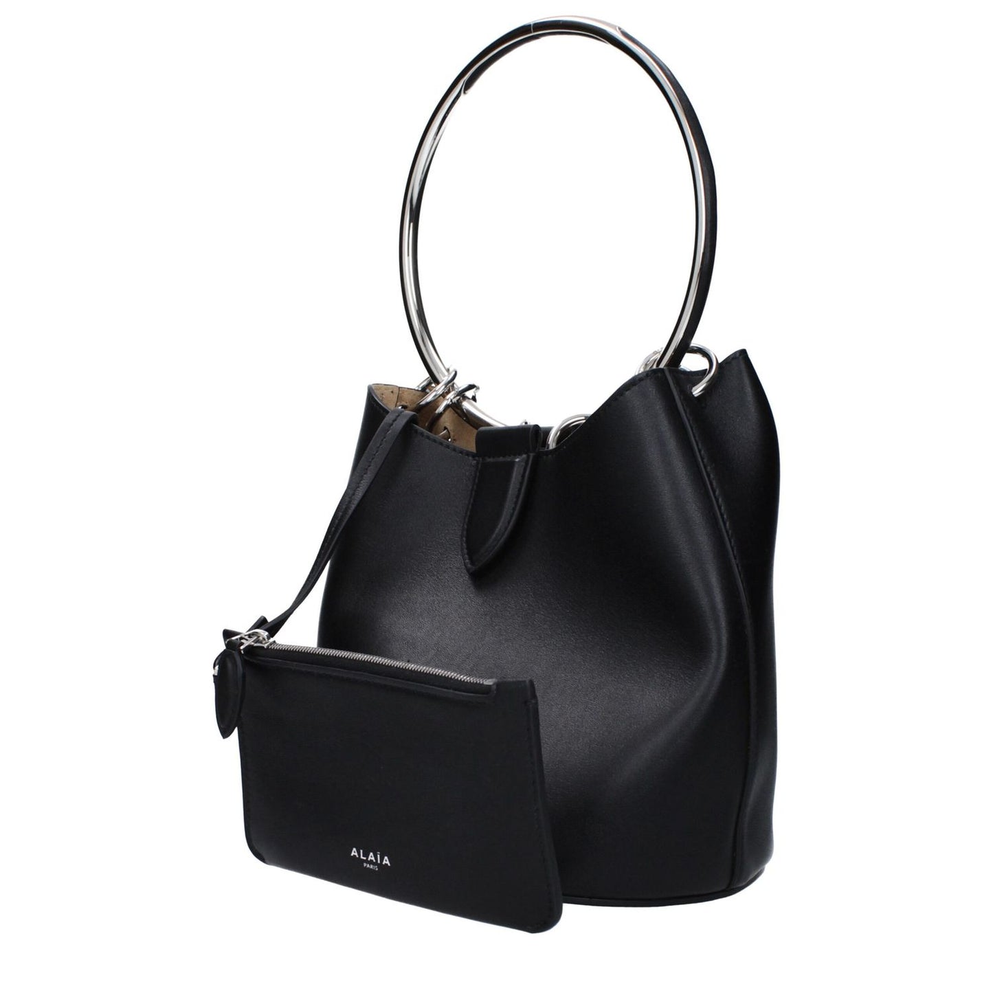 Alaïa Black Leather Handbag with removable inner clutch, front logo, medium size, and magnetic closure.