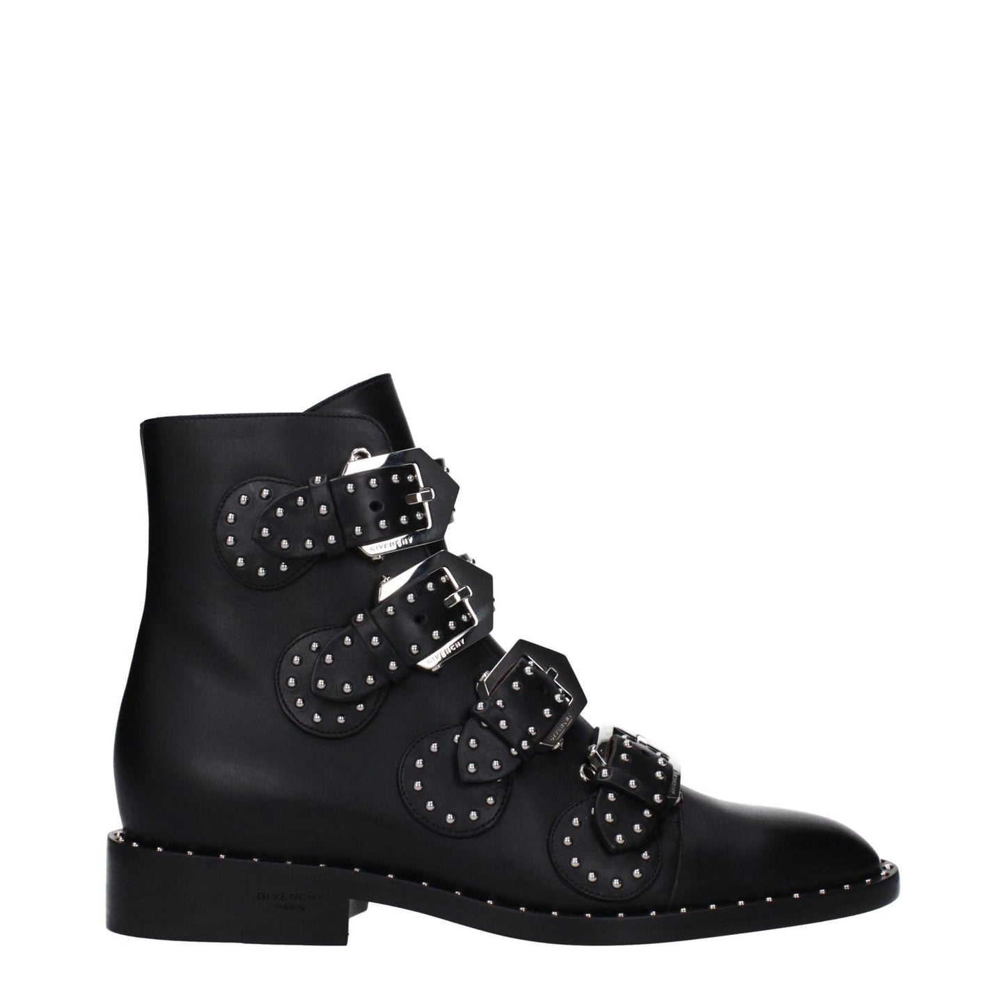 Givenchy Black Leather Ankle Boots with studs and buckle closure, featuring a round toe and low flat heel, casual style footwear.