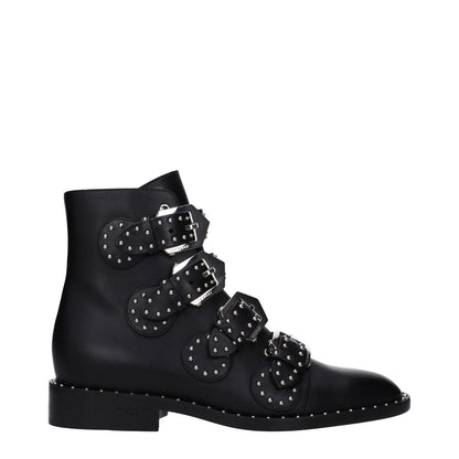 Givenchy Black Leather Ankle Boots with studs and buckle closure, featuring a round toe and low flat heel, casual style footwear.