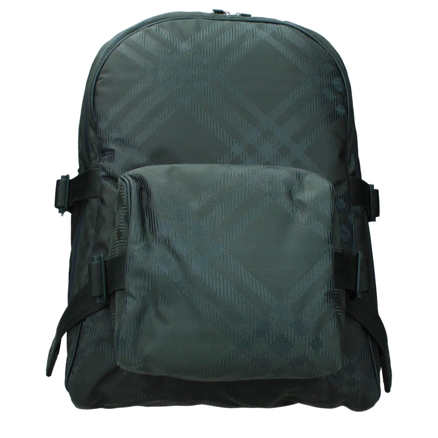 Burberry Green Fabric Backpack with adjustable straps, zip closure, large size, and side detail, ideal for casual use.