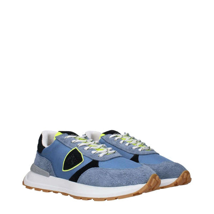 Philippe Model Blue Fabric Athletic Sneakers with front and back logo, vintage effect, MPN ATLUZ0TB215, code F83282, side view.