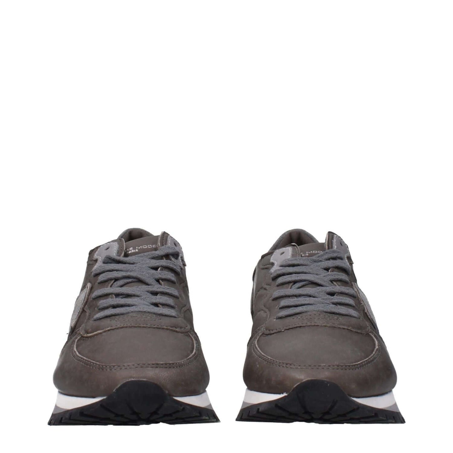 Philippe Model Gray Leather Sneakers with front and back logos, lace-up closure, rubber sole, and sporty glam style.