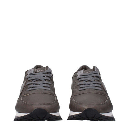 Philippe Model Gray Leather Sneakers with front and back logos, lace-up closure, rubber sole, and sporty glam style.