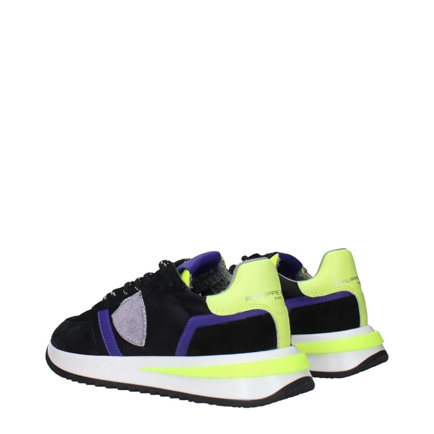 Philippe Model Black Fabric Athletic Sneakers with neon details, featuring front and back logos, and vintage effect design.