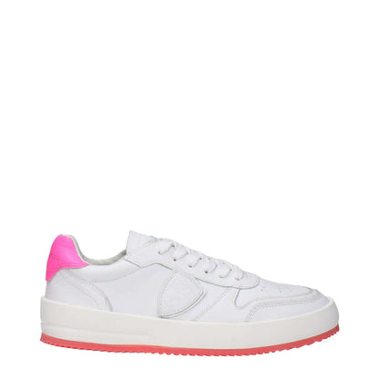 Philippe Model White Leather Sneakers with neon pink accents, lace-up design, vintage effect, and rubber sole.