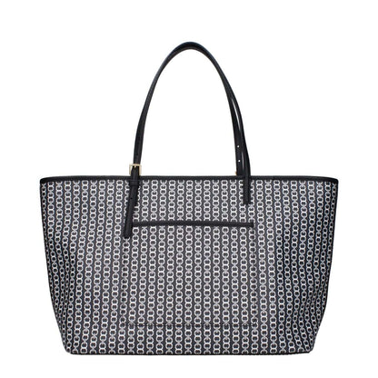Black and white patterned tote bag with long handles, showcasing a chic design for versatile style.