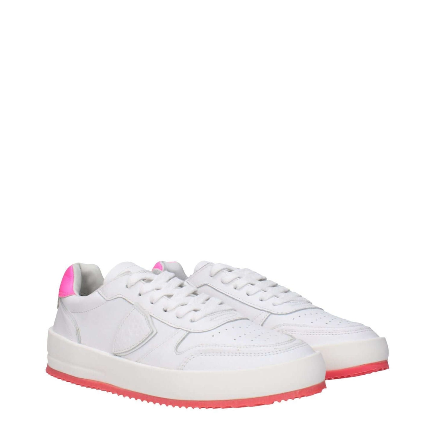 Philippe Model White Leather Sneakers with pink accents, featuring lace-up closure, vintage effect, and front-back logos.