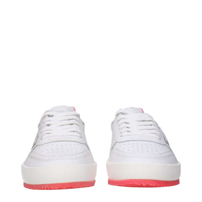Philippe Model White Leather Sneakers with neon pink sole, lace-up closure, and vintage design, featuring front and back logo detailing.