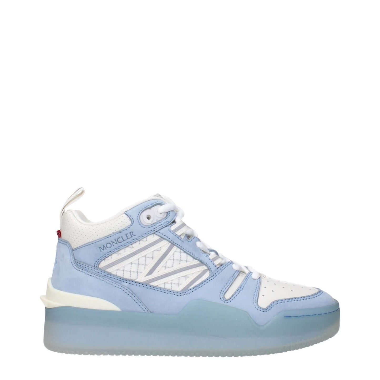 Moncler White Leather High Top Sneakers with logo and blue accents, side view of stylish design with branding details.