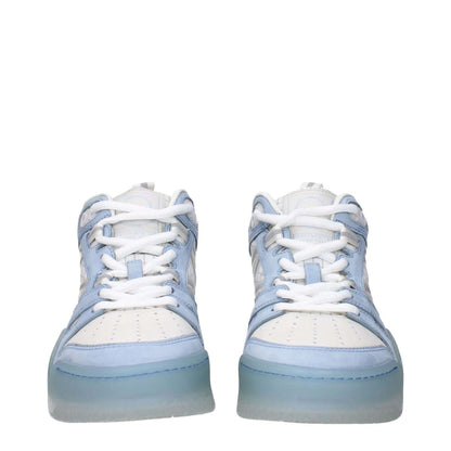 Moncler White Leather High Top Sneakers with logo design in blue and white, featuring front, side, and back logos.