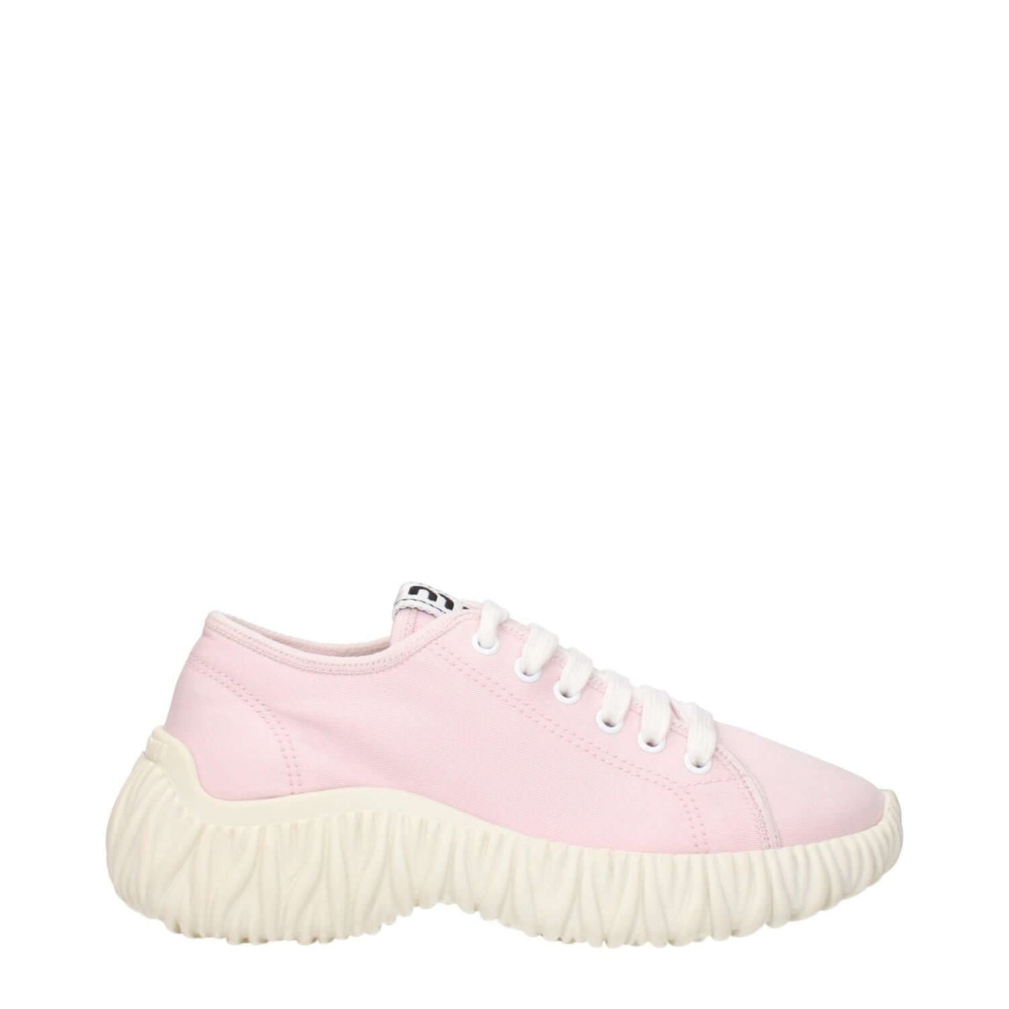 Miu Miu Pink Fabric Low Top Sneakers with front and back logo details, featuring a unique textured sole.