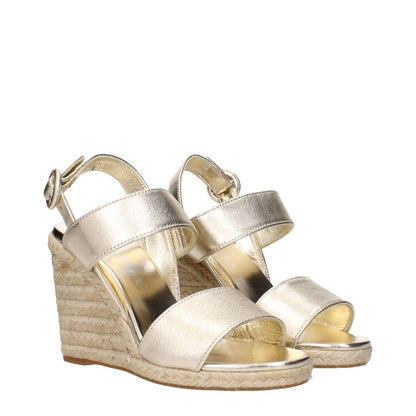 Prada Gold Leather Wedge Sandals with vintage effect and gold leather design, featuring a stylish and comfortable wedge heel.