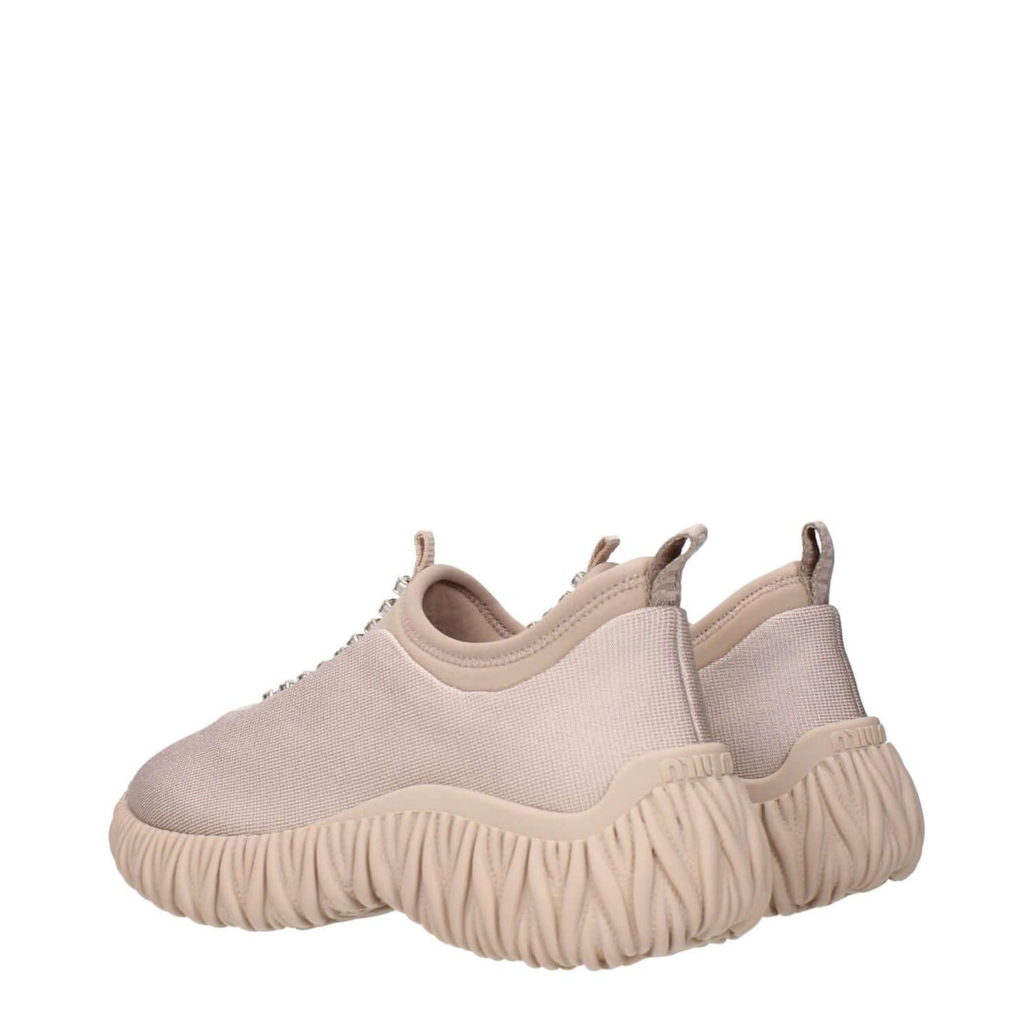 Miu Miu Beige Fabric Sneakers featuring rhinestone embellishments and back logo. Stylish design and comfortable sole.