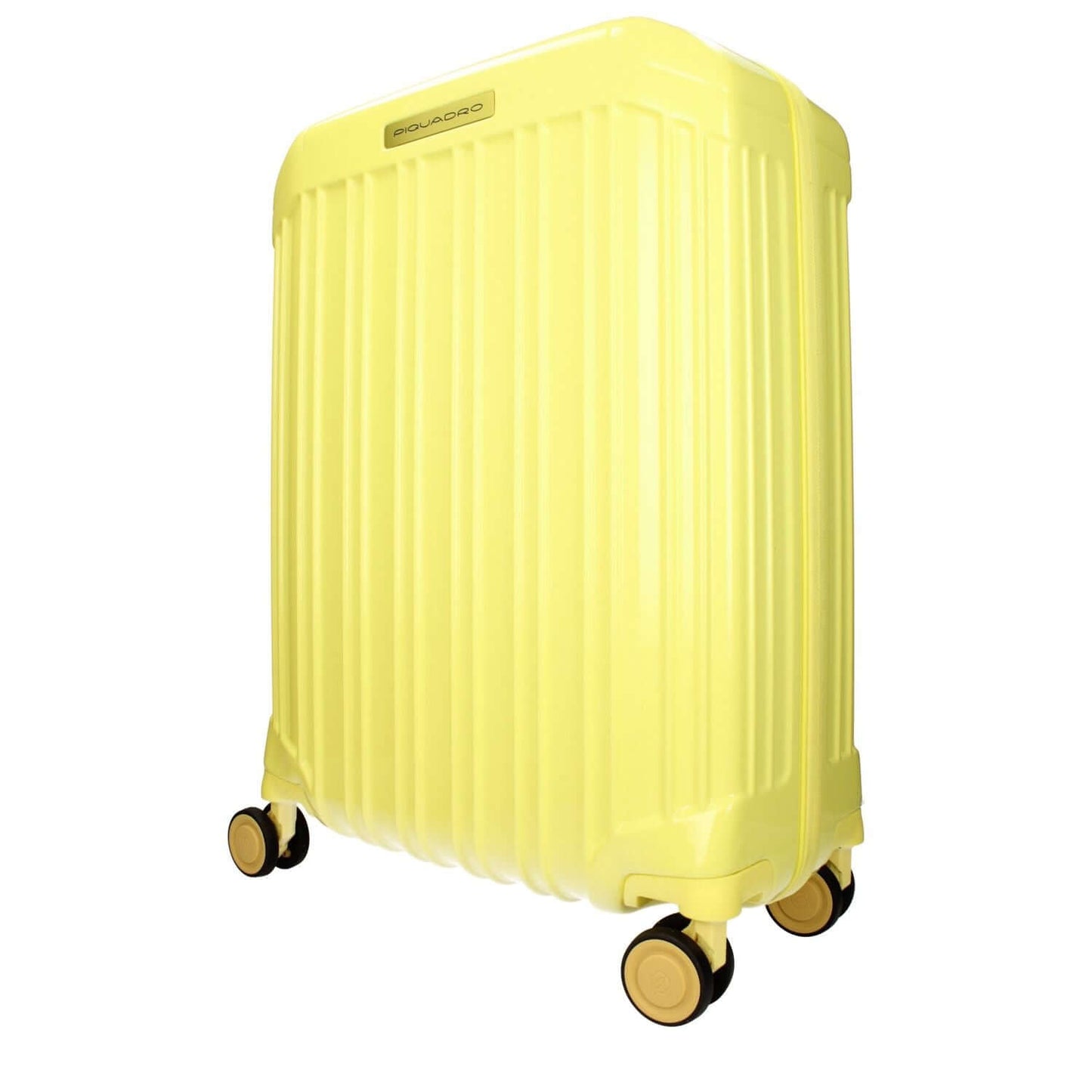 Piquadro Yellow Polycarbonate Luggage And Travel trolley with TSA closure, USB port, adjustable handle, front logo, and four wheels.