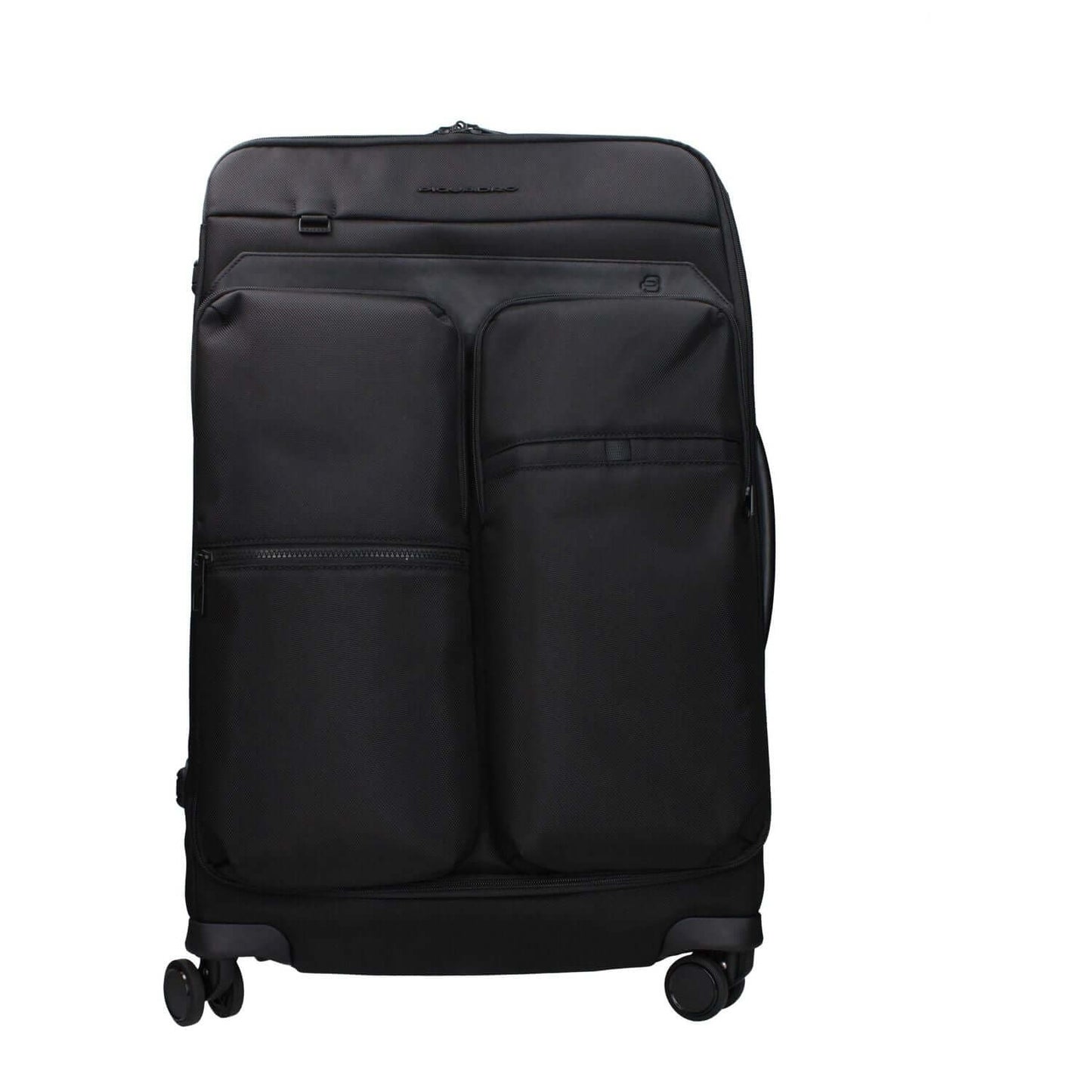 Piquadro Black Fabric Luggage And Travel trolley with front logo, removable details, adjustable handle.