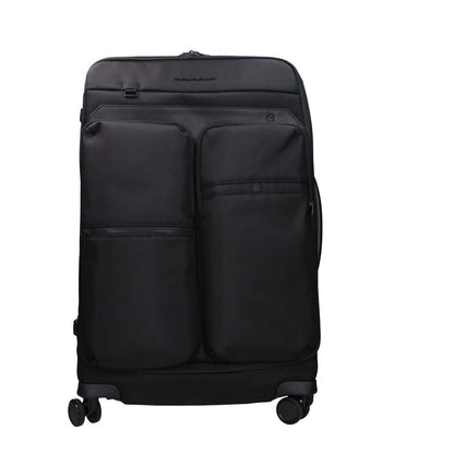 Piquadro Black Fabric Luggage And Travel trolley with front logo, removable details, adjustable handle.