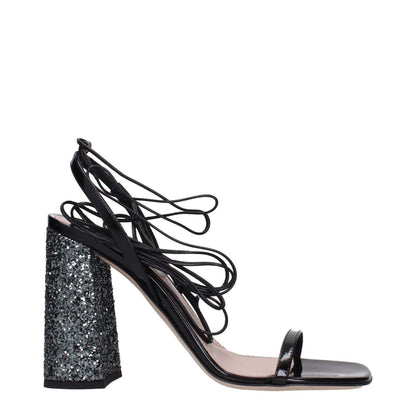 Miu Miu Black Leather Platform Sandals with glitter heel, side view