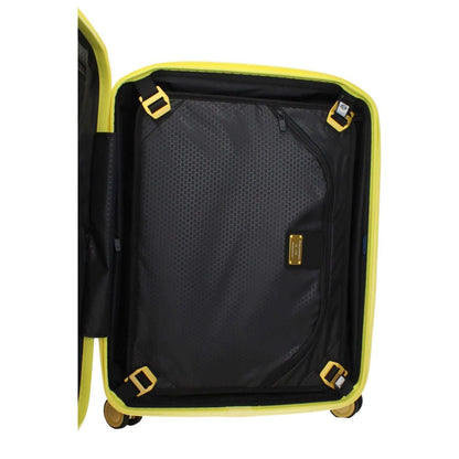 Interior view of Piquadro Yellow Polycarbonate Luggage And Travel showing TSA closure, USB port, and adjustable handle features.