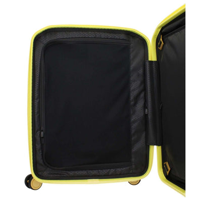 Open interior view of the Piquadro Yellow Polycarbonate Luggage And Travel showing spacious compartment and details.