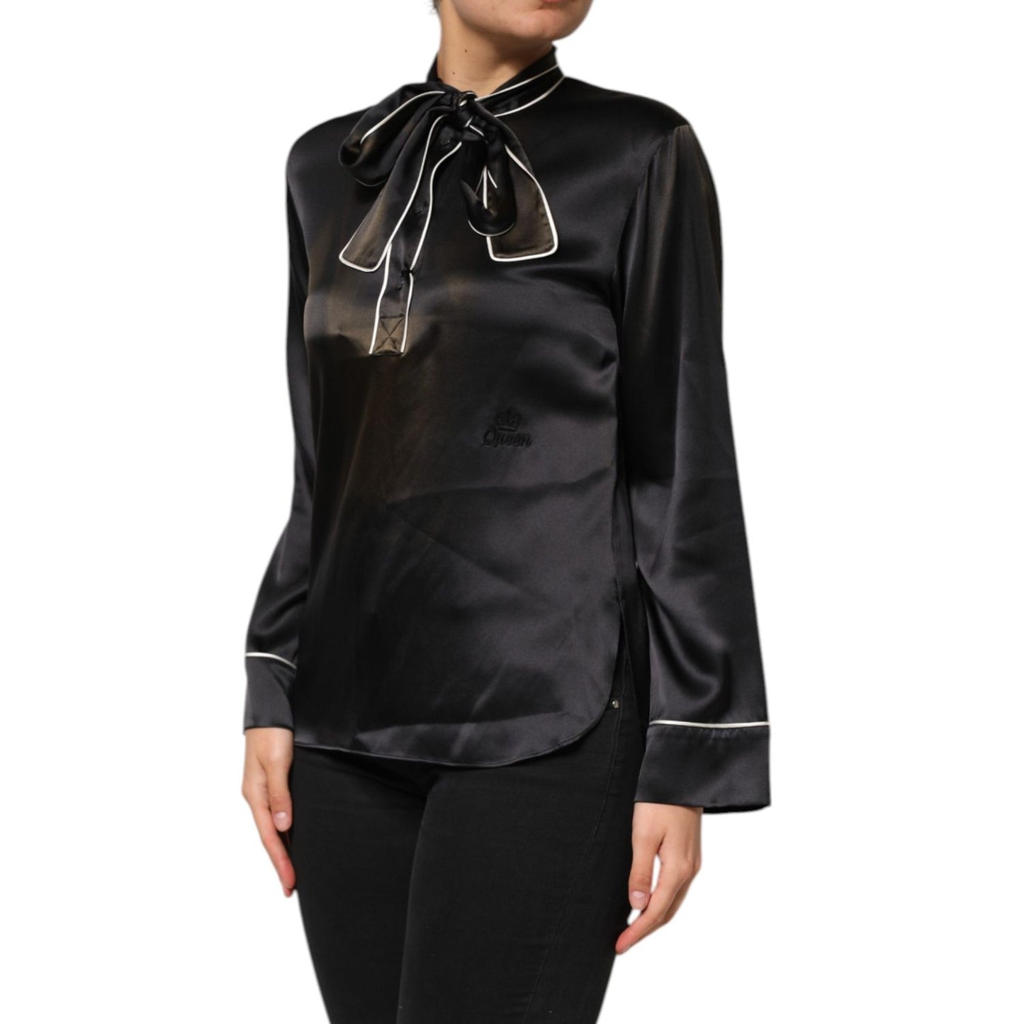 Dolce & Gabbana Black Silk Ascot Collared Button Blouse Top
