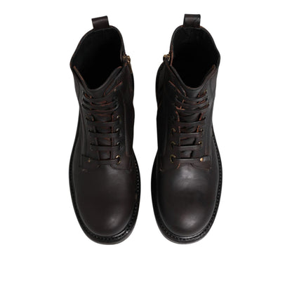 Dolce & Gabbana Dark Brown Leather Lace Up Mid Calf Boots Shoes