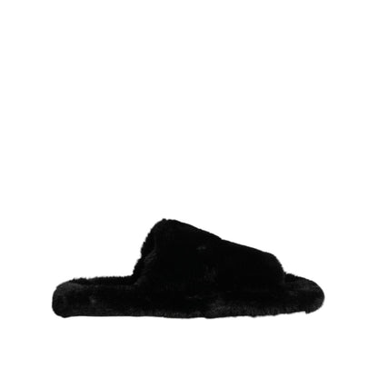 Dolce & Gabbana Black Faux Fur Flats Men Sandals Shoes