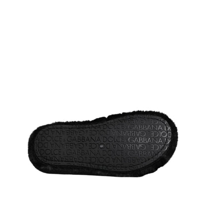 Dolce & Gabbana Black Faux Fur Flats Men Sandals Shoes