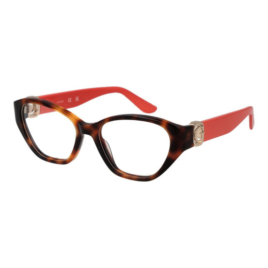 Guess Brown Women Glasses Frame in acetate with cat eye style, full-rim design, demo lenses, and branded case included.