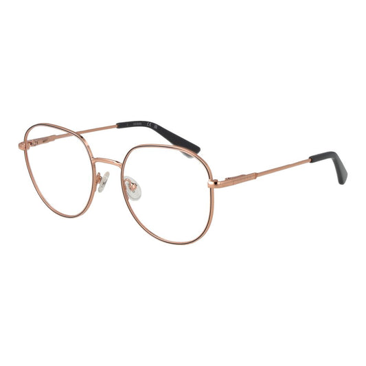 Guess Rose Gold Women Glasses Frame, full-rim round metal frame with demo lenses, includes branded case.