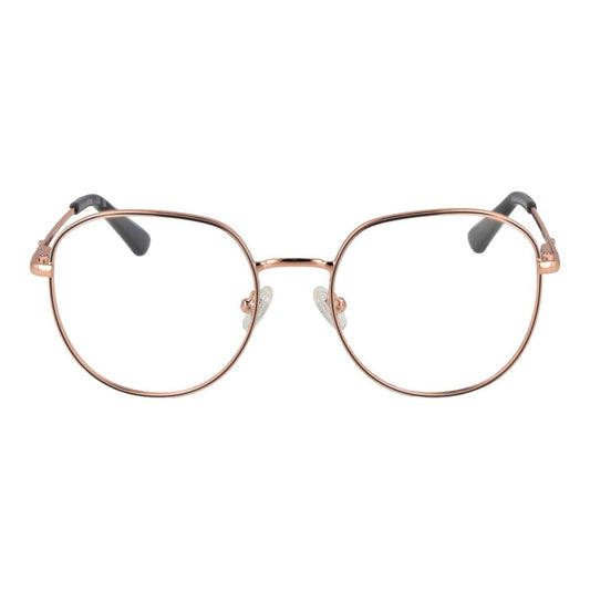 Guess Rose Gold Women Glasses Frame, round full-rim, metal in rose gold with plastic lenses, includes branded case, style no extra features.