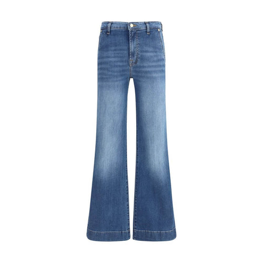 7FOR Blue Cotton Flared Jeans with modern silhouette, front zipper, button closure, and pockets, made of 98% cotton, 2% elastane.