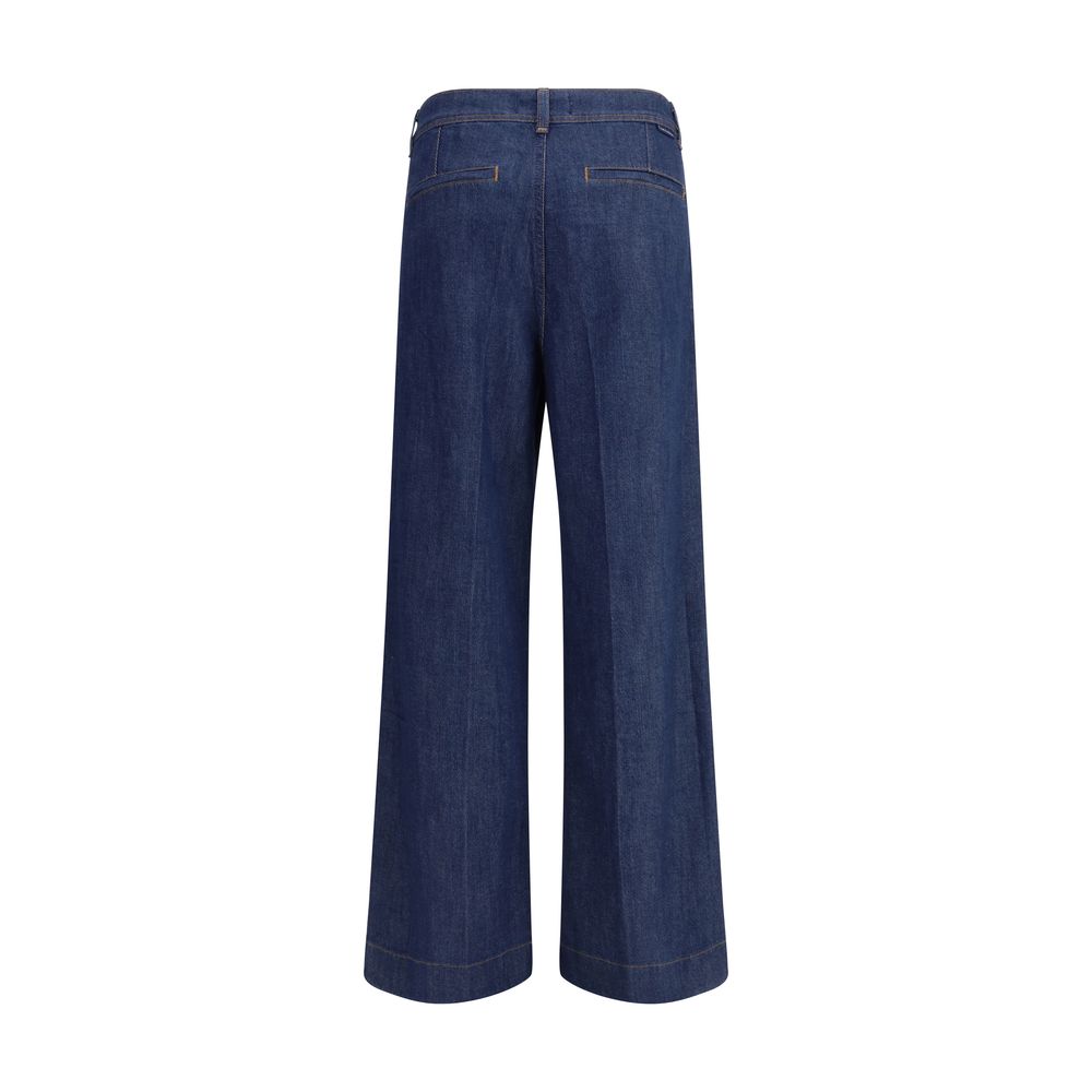 Back view of 7FOR Blue Modal Jeans Denim with wide legs and pleated details, featuring sophisticated welt pockets.
