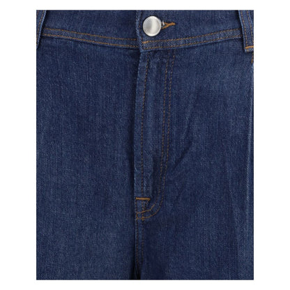 Close-up of 7FOR Blue Modal Jeans Denim showcasing high waist and front button closure detail.
