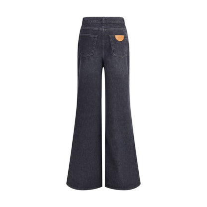 Chloé Black Cotton Flared Jeans with leather logo patch, five-pocket design, mid-rise fit, and flared leg, 100% cotton.