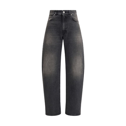 Haikure Black Cotton Relaxed Fit Jeans with wide-leg, medium waist, and classic five-pocket design, perfect for a trendy casual look.