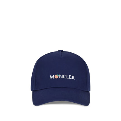 Front view of the Moncler x Donald Glover Blue Cotton Cap (Baseball Hat), featuring a unique logo design, AW25 collection.