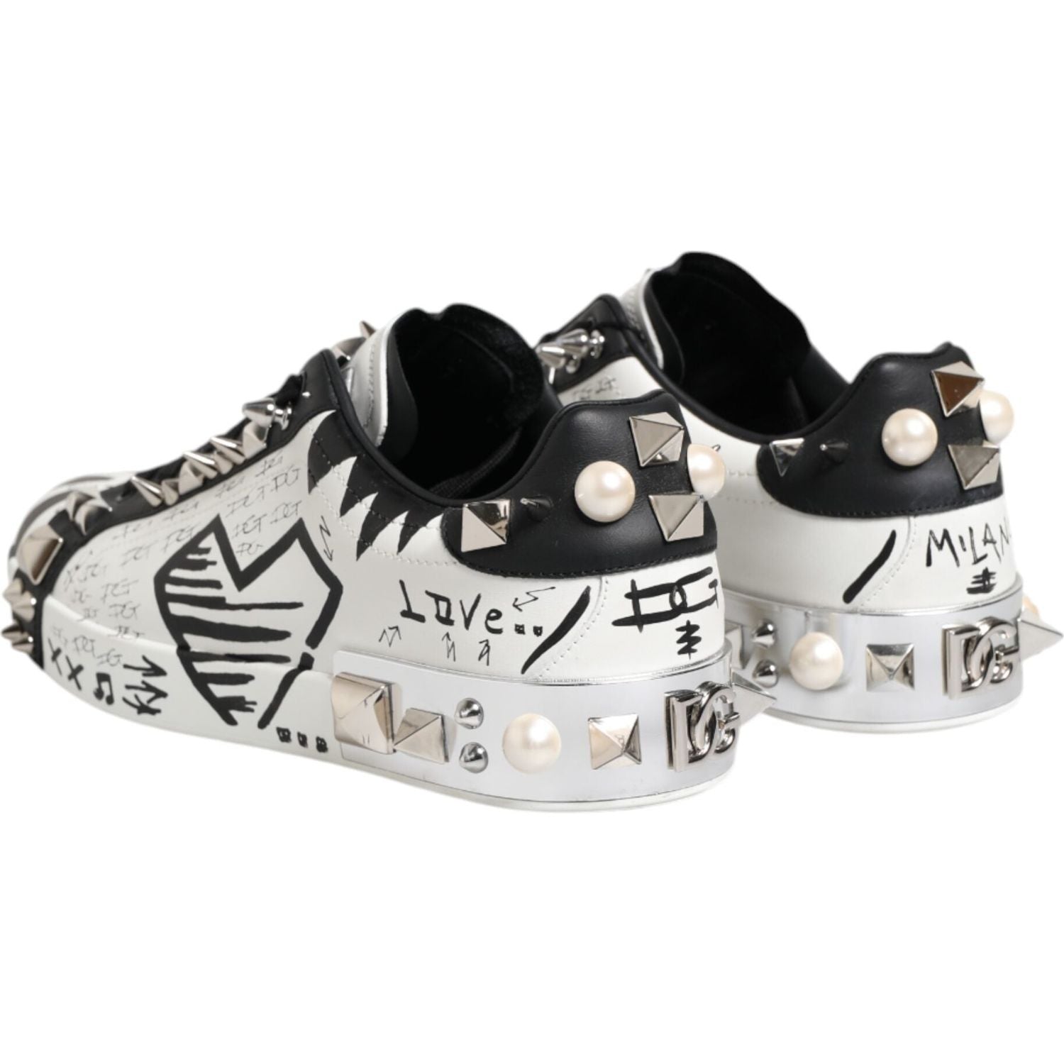 Dolce & Gabbana Black White Studded Low Top Sneakers Shoes