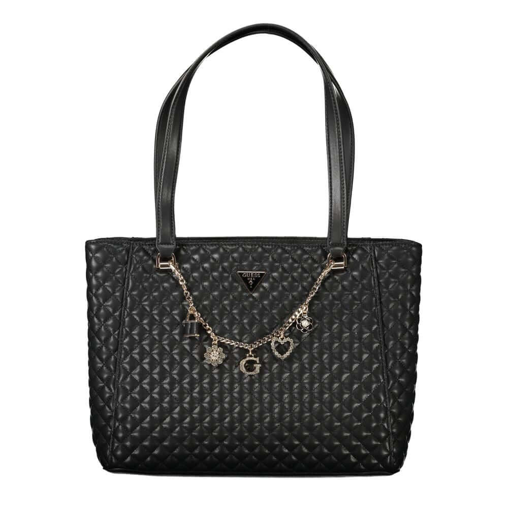 Guess Jeans Black Polyethylene Women Handbag with charm detail and quilted exterior, featuring dual handles and embossed logo.