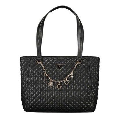 Guess Jeans Black Polyethylene Women Handbag with charm detail and quilted exterior, featuring dual handles and embossed logo.