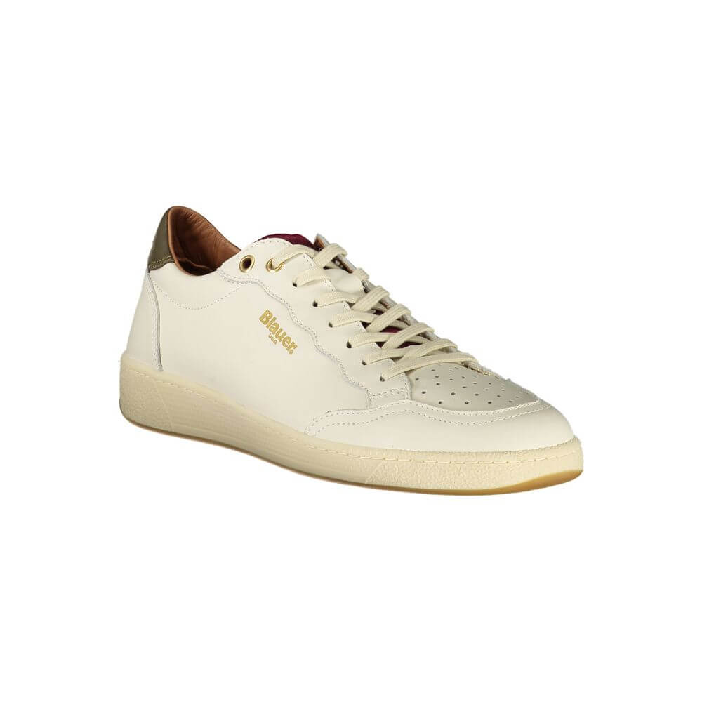 Blauer White Leather Men Sneaker with green details and iconic logo