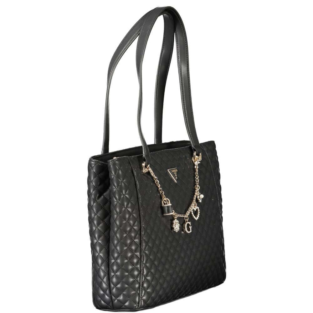 Guess Jeans Black Polyethylene Women Handbag with quilted texture and decorative charm.