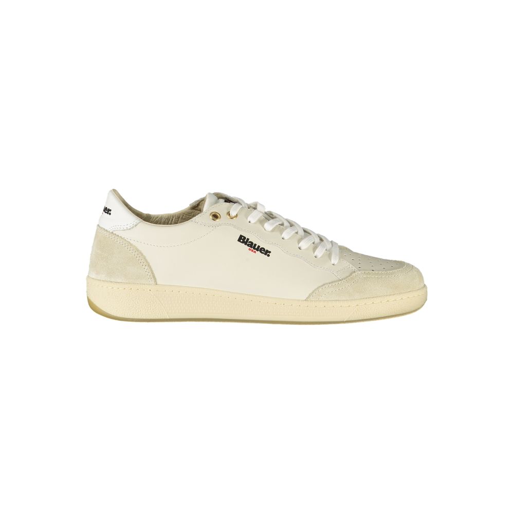 Blauer White Leather Men Sneaker with removable insole and bold logo, perfect for style-conscious modern men.