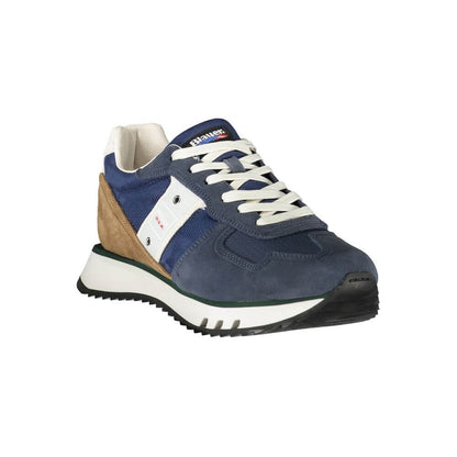 Blauer Blue Leather Men Sneaker with contrasting details and iconic Blauer logo, showcasing trendy sports style.