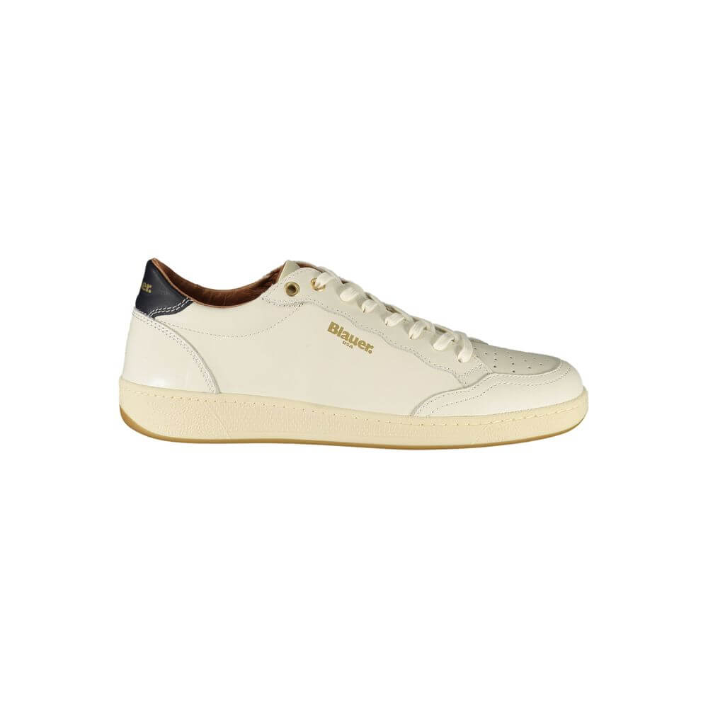 Blauer White Leather Men Sneaker with blue contrasts, removable insole, and Blauer logo, showcasing modern luxury and comfort.