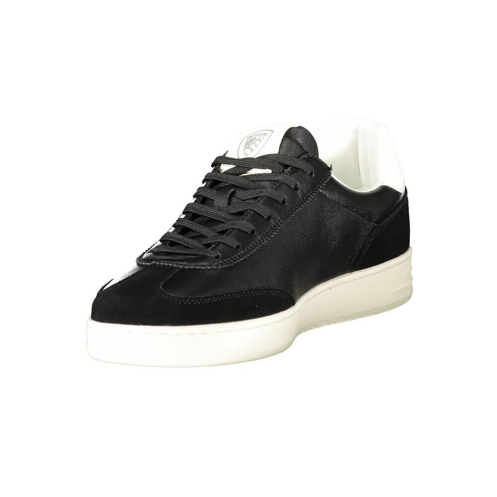 Blauer Black Leather Men Sneaker with white sole, showcasing urban sophistication and bold style with logo detail.